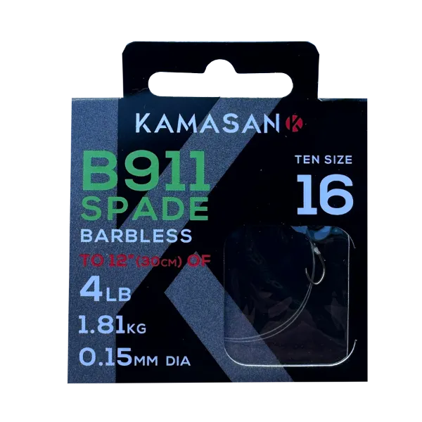 Kamasan B911 Spade End Barbless Hooks To Nylon